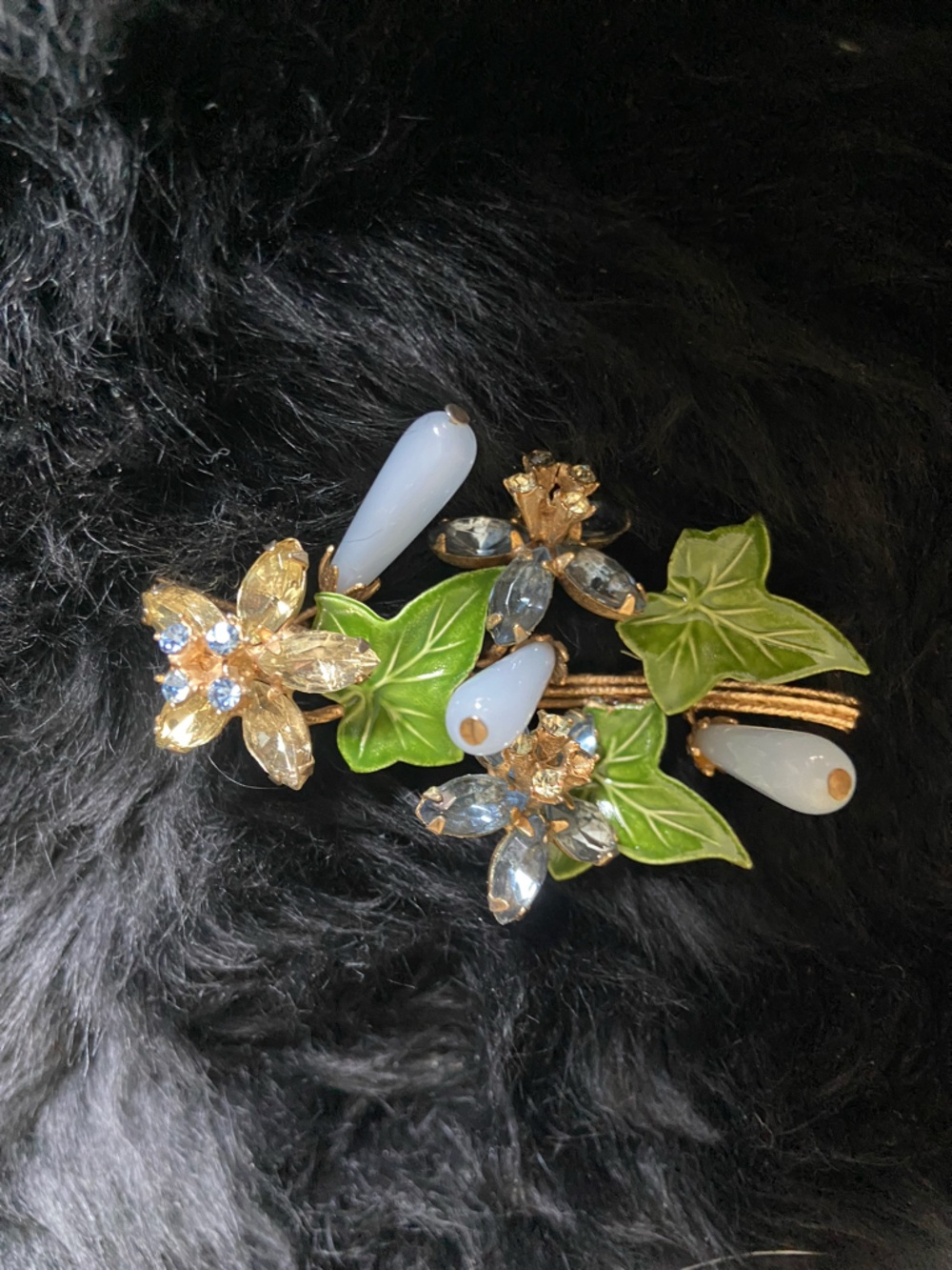 Vintage Floral Leaf Rhinestone Brooch with Blue Drops